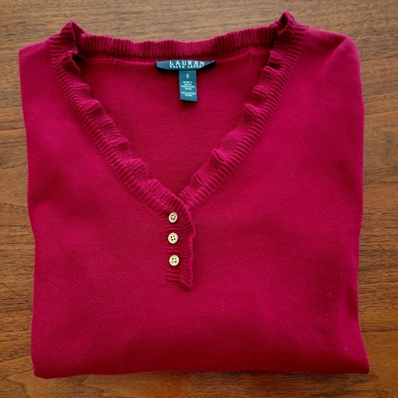 Ralph Lauren Red V-Neck Sweater Ruffle Trim Button Placket Cotton Small - Picture 2 of 7